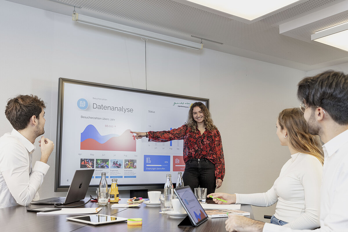 Eine junge Frau trägt etwas an einem Smartboard vor, drei weiter junge Menschen hören ihr zu.