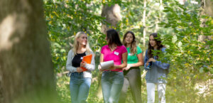 Vier Frauen gehen durch den Wald und unterhalten sich. In den Händen halten sie Unterlagen.