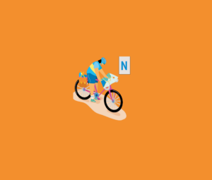 Illustration einer Radfahrerin, die auf eine Karte blickt. Über der Frau schwebt ein N