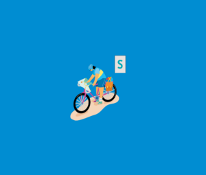 Illustration einer Radfahrerin, die auf eine Karte blickt. Über der Frau schwebt ein S