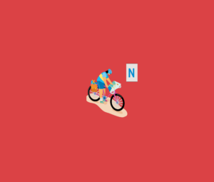 Illustration einer Radfahrerin, die auf eine Karte blickt. Über der Frau schwebt ein N