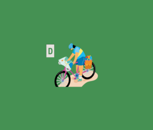 Illustration einer Radfahrerin, die auf eine Karte blickt. Neben der Frau schwebt ein D