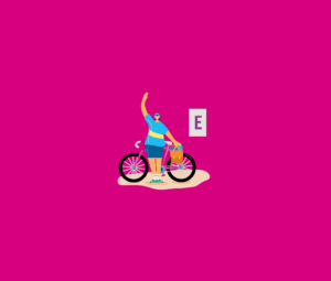 Illustration einer Radfahrerin, die hinter einem Fahrrad steht und winkt. Neben ihr schwebt ein "E".