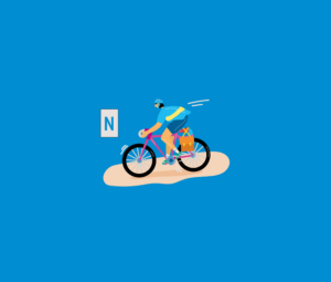 Illustration einer Radfahrerin, die auf eine Karte blickt. Neben der Frau schwebt ein N